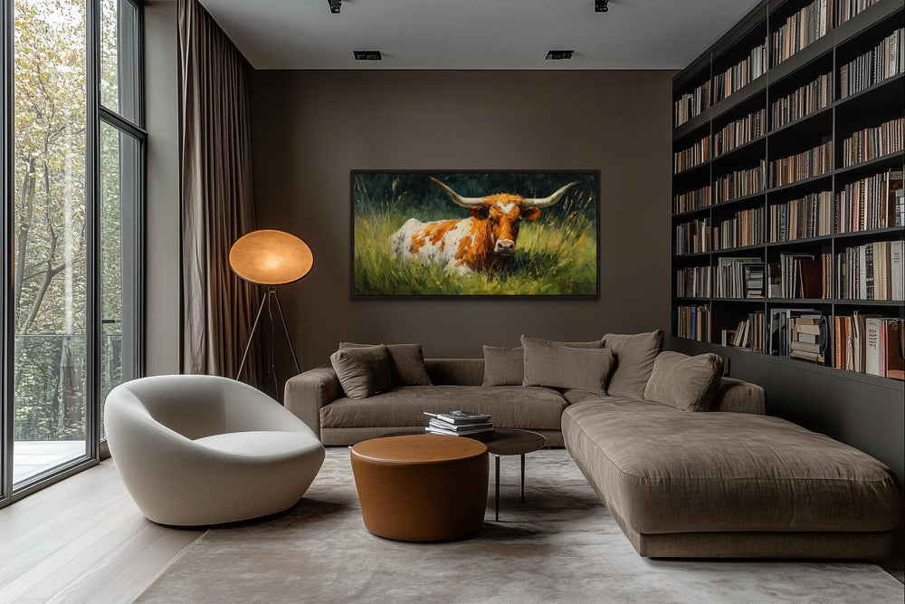 Longhorn In Green Grass Canvas Framed Canvas Wall Art