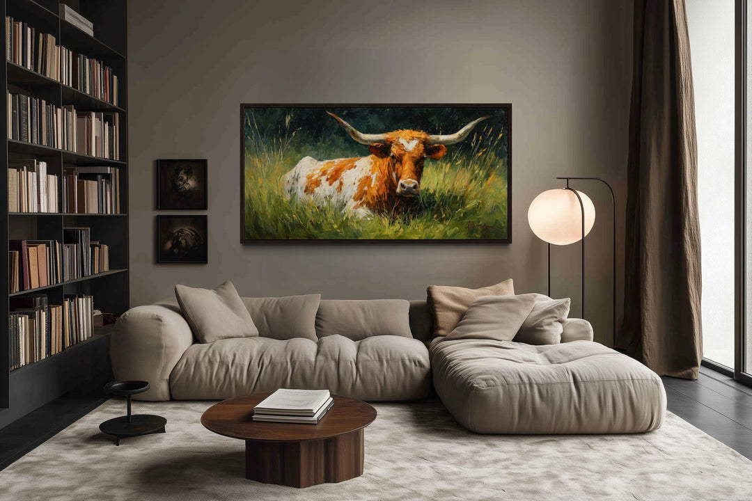 Longhorn In Green Grass Canvas Framed Canvas Wall Art