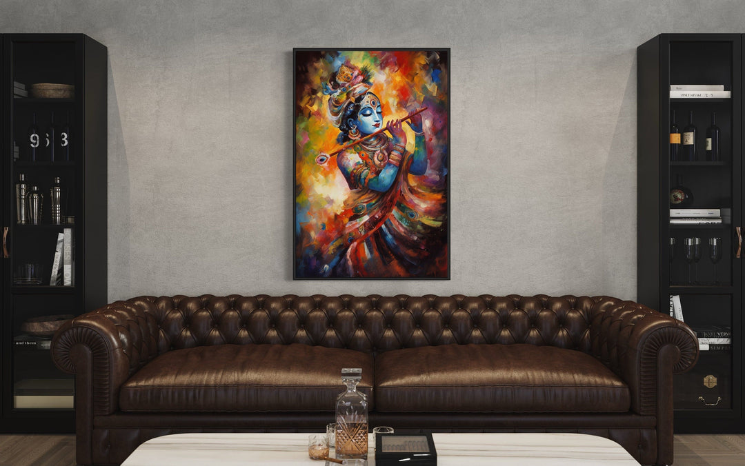Lord Krishna Playing Flute Colorful Painting Indian Framed Canvas Wall Art