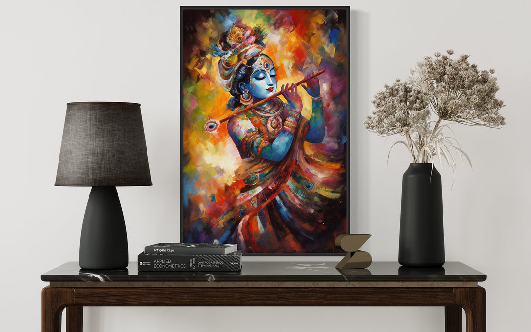 Lord Krishna Playing Flute Colorful Painting Indian Framed Canvas Wall Art