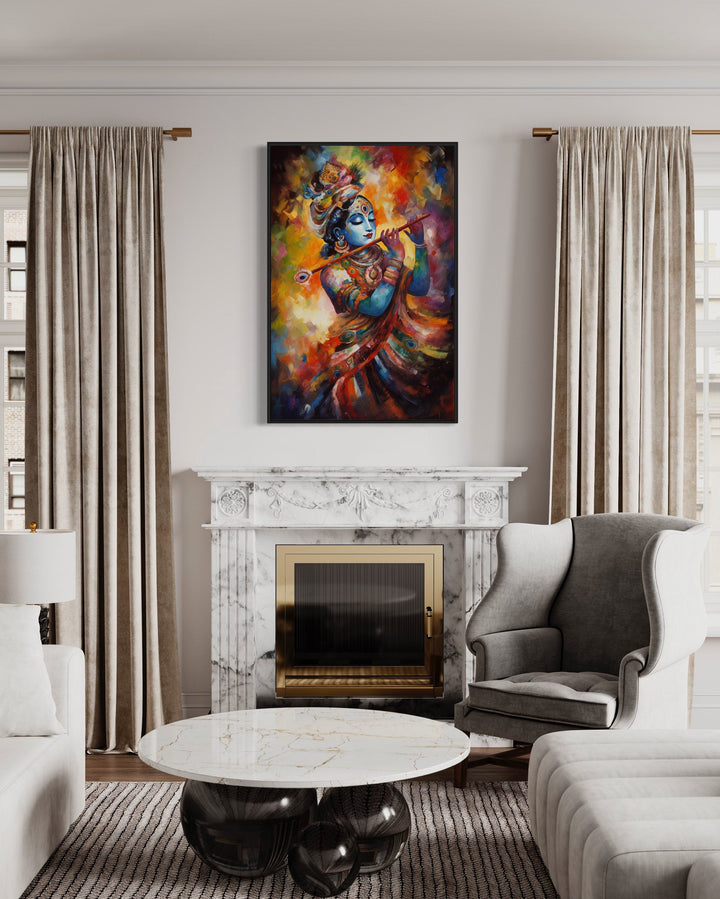 Lord Krishna Playing Flute Colorful Painting Indian Framed Canvas Wall Art