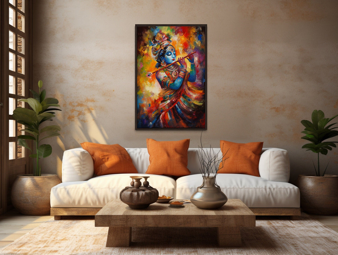 Lord Krishna Playing Flute Colorful Painting Indian Framed Canvas Wall Art