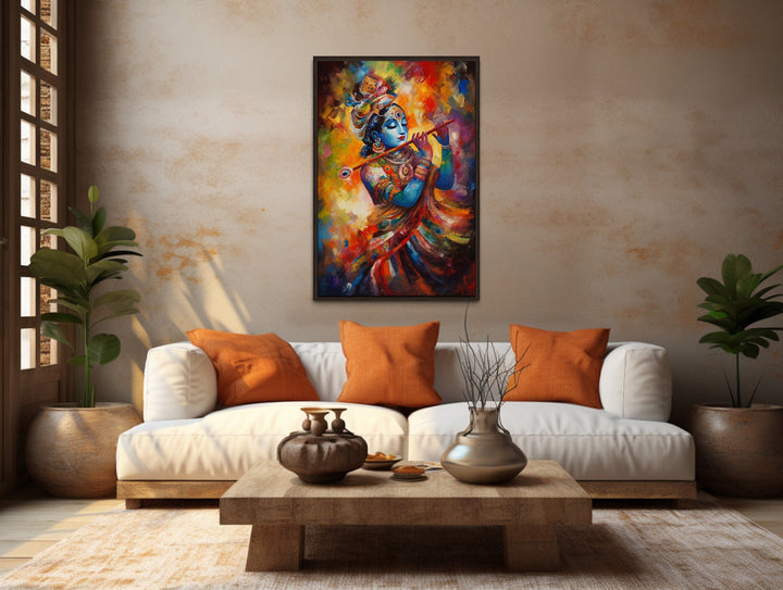 Lord Krishna Playing Flute Colorful Painting Indian Framed Canvas Wall Art