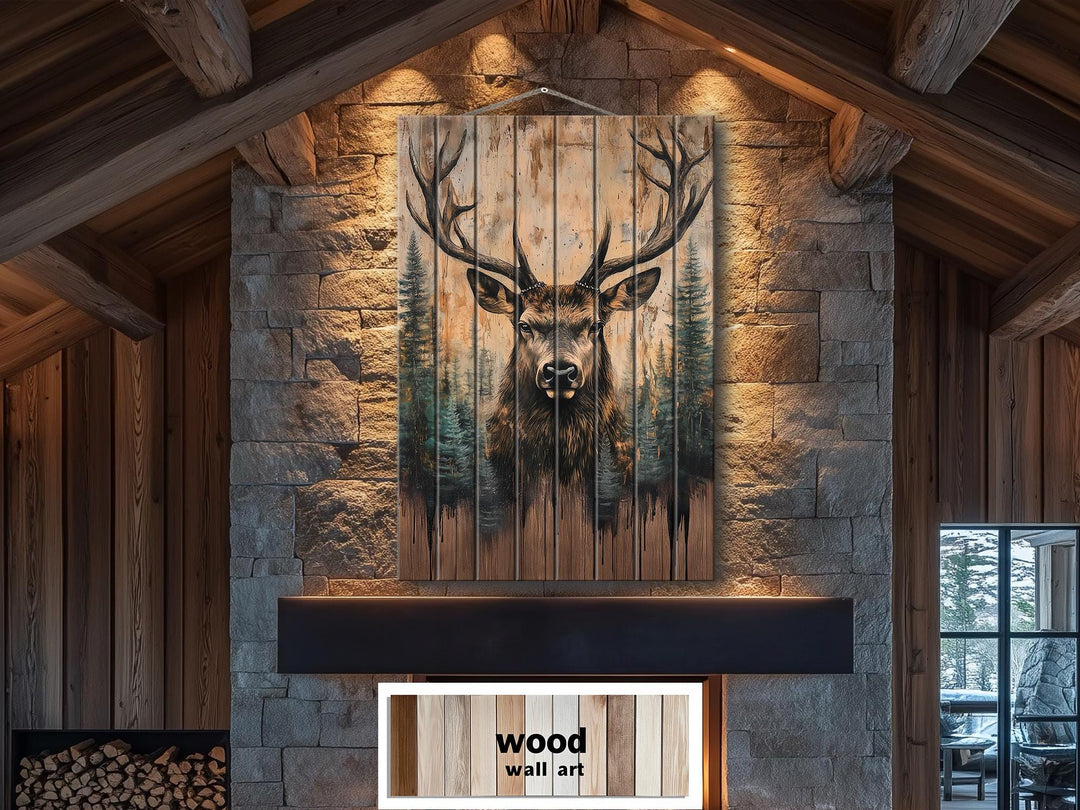 Majestic Deer With Antlers Forest Scene Rustic Vertical Distressed Wood Wall Art