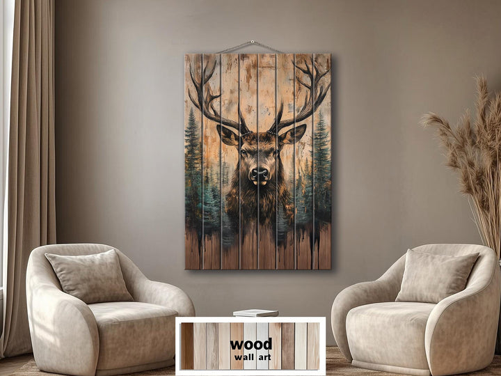 Majestic Deer With Antlers Forest Scene Rustic Vertical Distressed Wood Wall Art