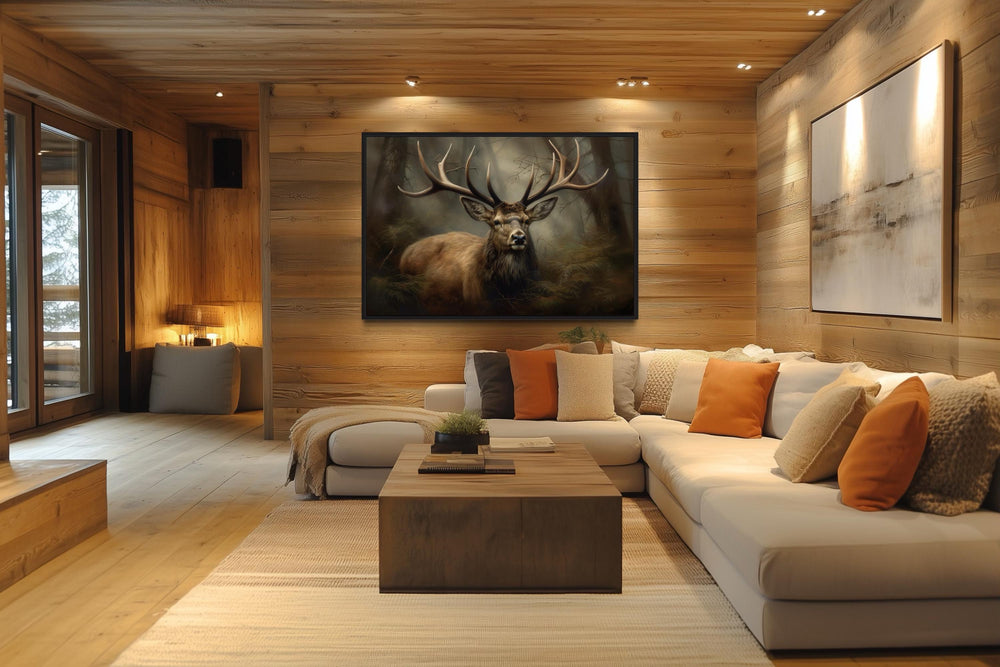 Majestic Deer in Foggy Forest Framed Canvas Wall Art For Cabin Decor