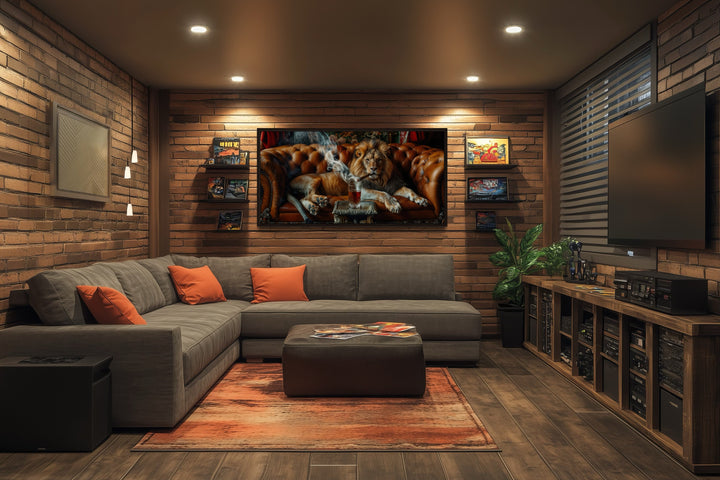 Majestic Lion On Couch Smoking Cigar Drinking Whiskey Man Cave Statement Wall Art