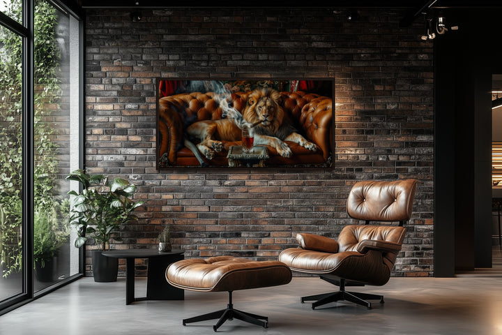 Majestic Lion On Couch Smoking Cigar Drinking Whiskey Man Cave Statement Wall Art