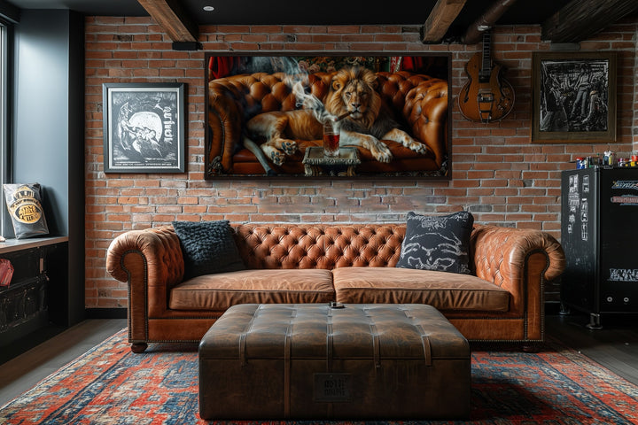 Majestic Lion On Couch Smoking Cigar Drinking Whiskey Man Cave Statement Wall Art