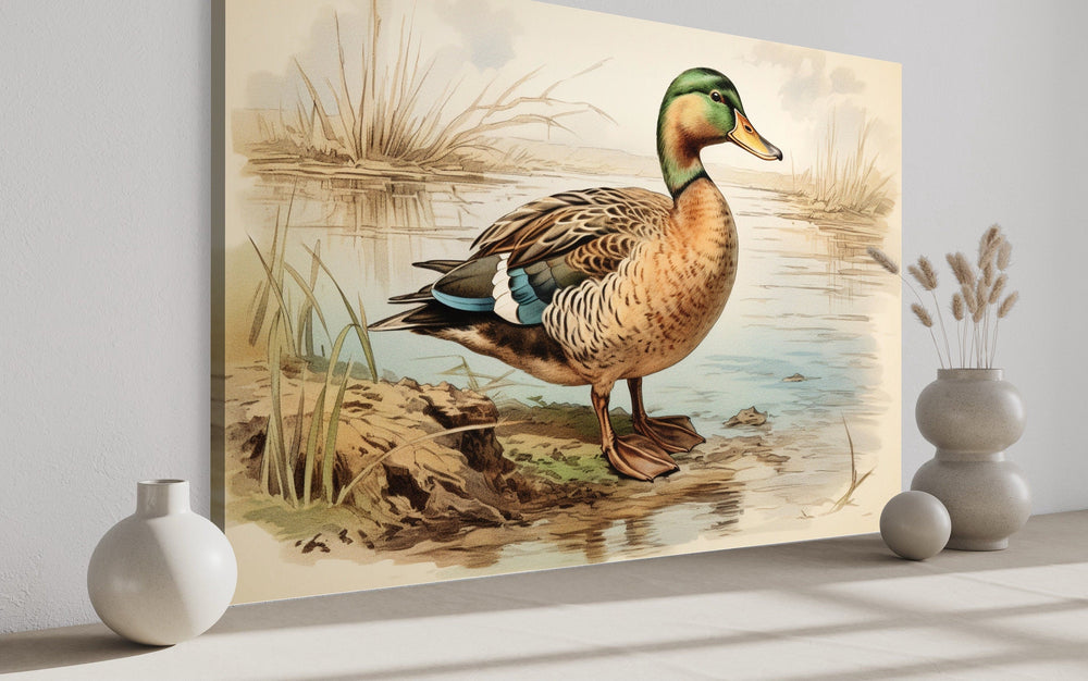 Mallard Duck Vintage Rustic Framed Canvas Wall Art
