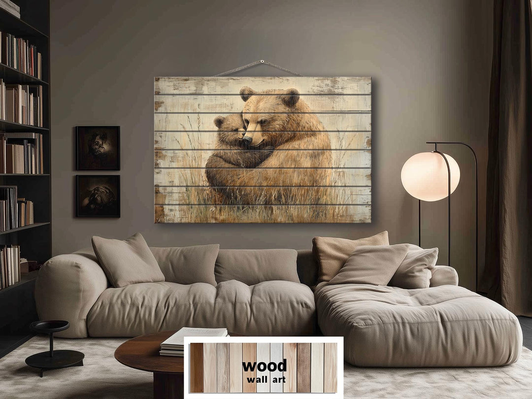 Mama Bear And Baby Bear Cub Hug In The Meadow Rustic Wood Wall Art For Cabin Decor