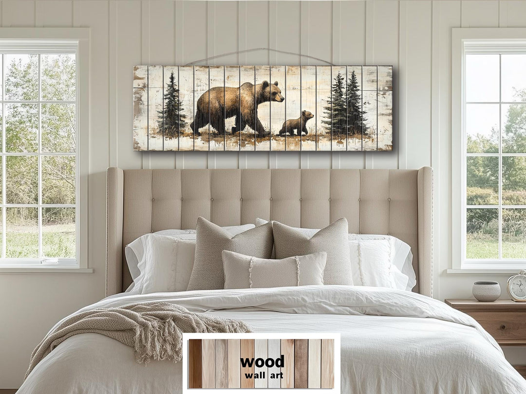 Mama Bear and Baby Cub Long Horizontal Real Wood Wall Art