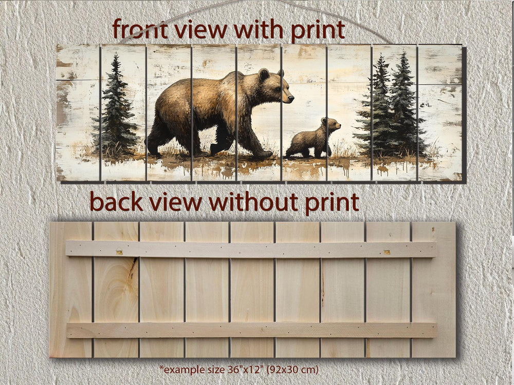 Mama Bear and Baby Cub Long Horizontal Real Wood Wall Art