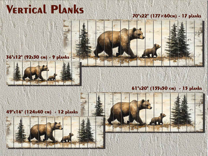 Mama Bear and Baby Cub Long Horizontal Real Wood Wall Art