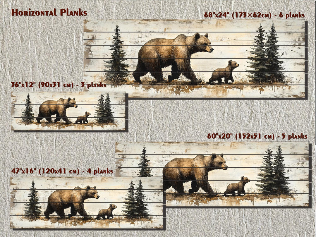 Mama Bear and Baby Cub Long Horizontal Real Wood Wall Art