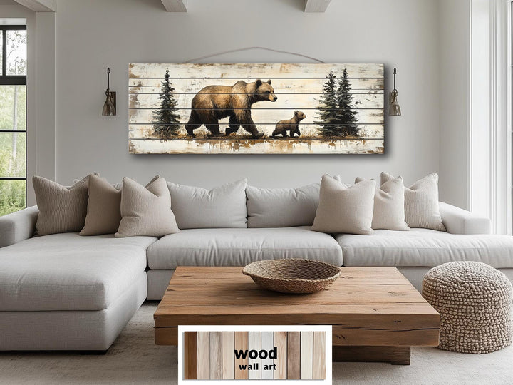 Mama Bear and Baby Cub Long Horizontal Real Wood Wall Art