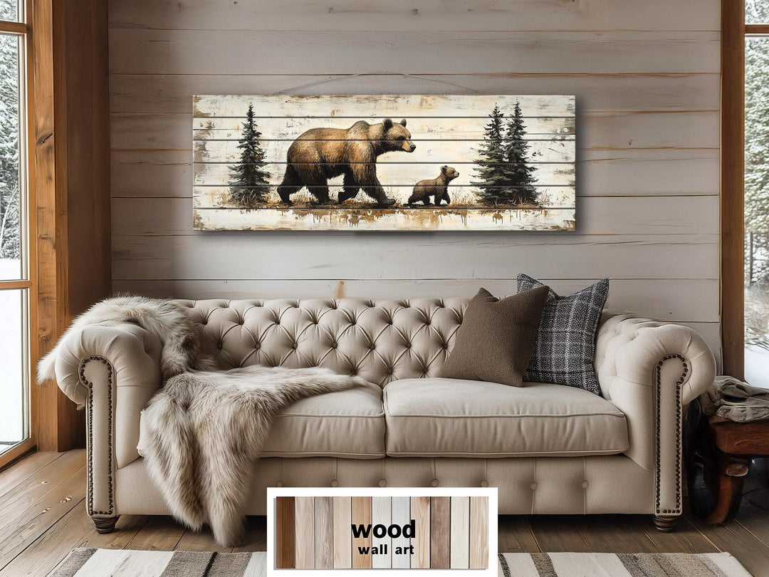 Mama Bear and Baby Cub Long Horizontal Real Wood Wall Art