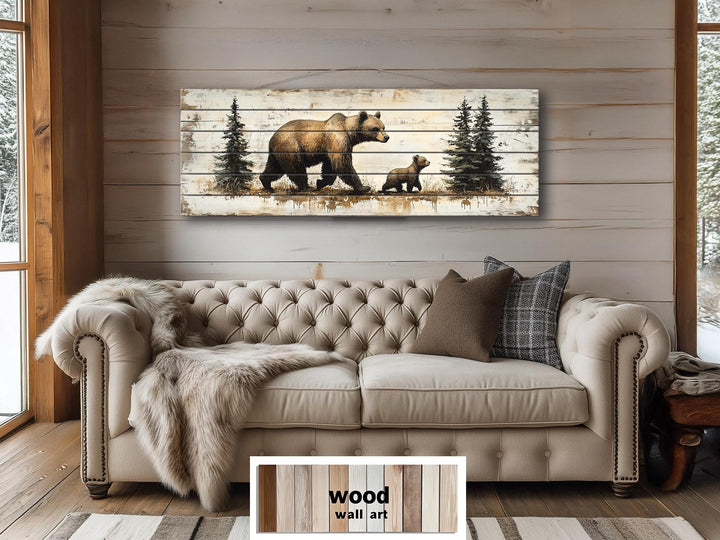 Mama Bear and Baby Cub Long Horizontal Real Wood Wall Art