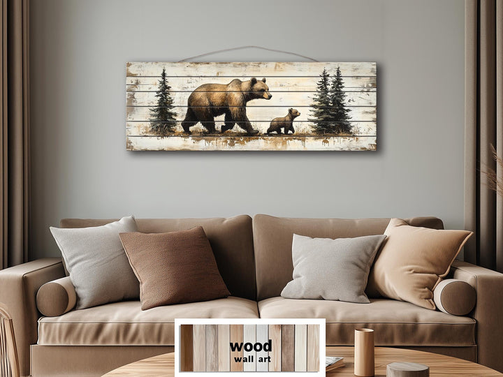 Mama Bear and Baby Cub Long Horizontal Real Wood Wall Art