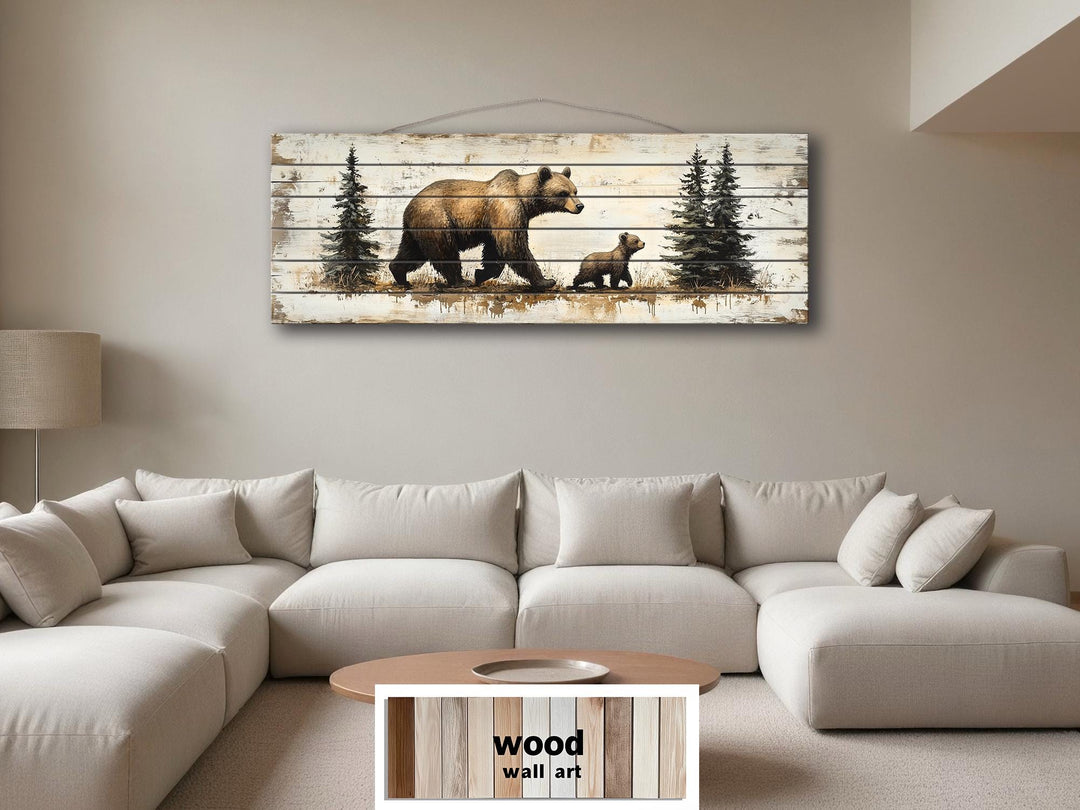 Mama Bear and Baby Cub Long Horizontal Real Wood Wall Art
