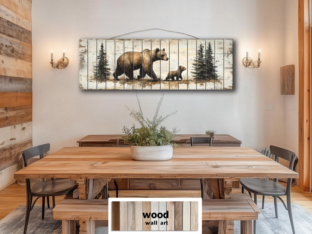 Mama Bear and Baby Cub Long Horizontal Real Wood Wall Art