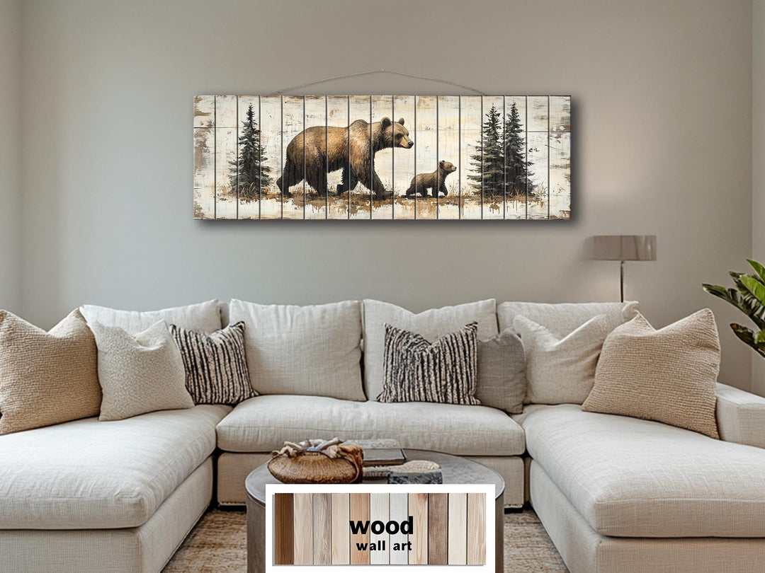 Mama Bear and Baby Cub Long Horizontal Real Wood Wall Art