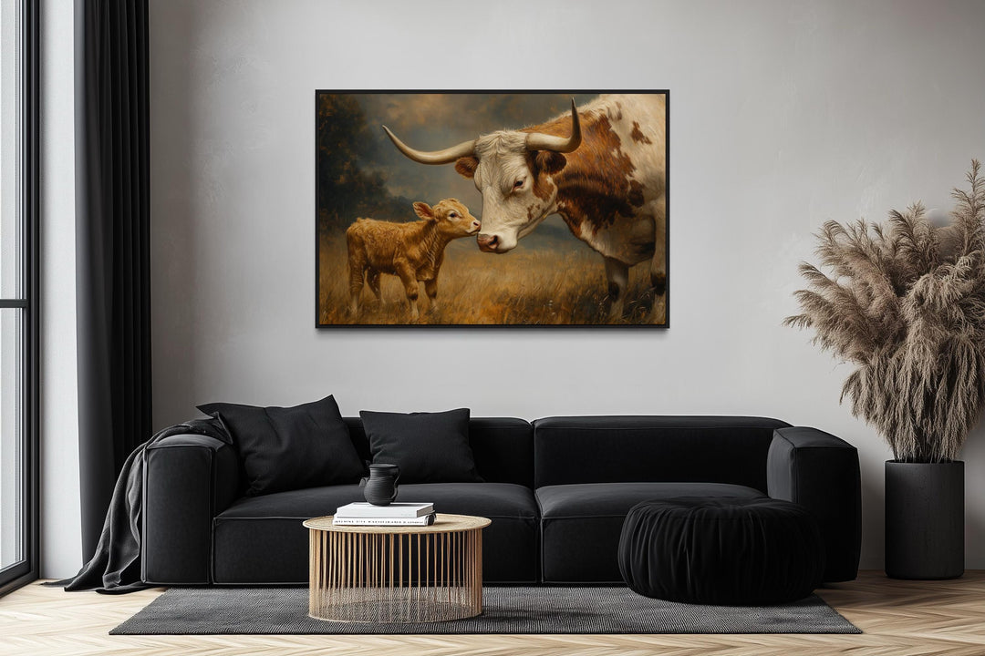 Mama Longhorn Cow And Calf Canvas Wall Art
