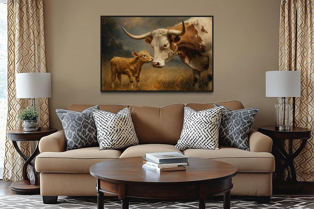 Mama Longhorn Cow And Calf Canvas Wall Art