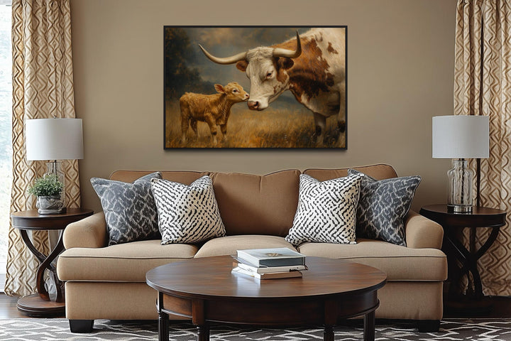Mama Longhorn Cow And Calf Canvas Wall Art