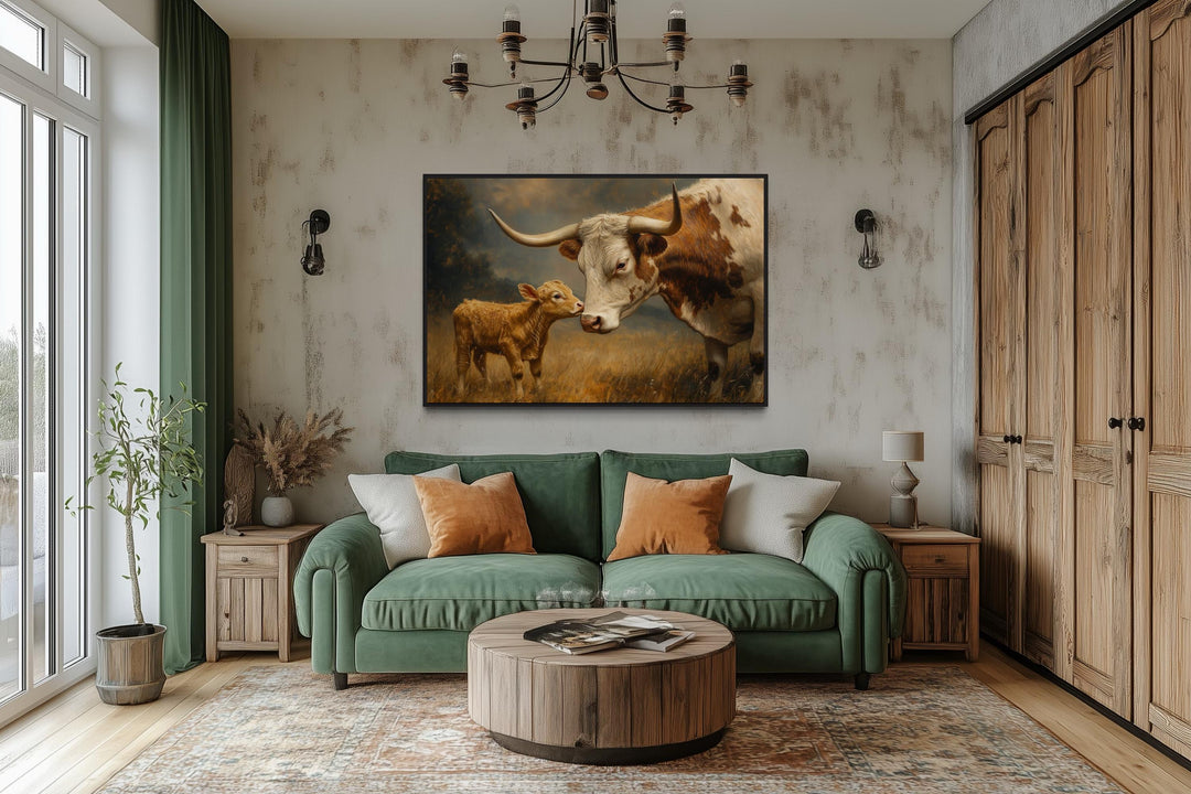 Mama Longhorn Cow And Calf Canvas Wall Art