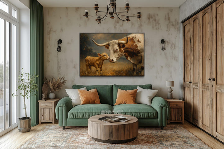 Mama Longhorn Cow And Calf Canvas Wall Art