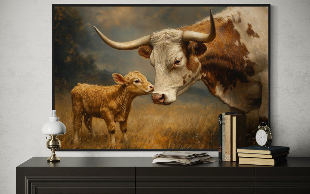 Mama Longhorn Cow And Calf Canvas Wall Art