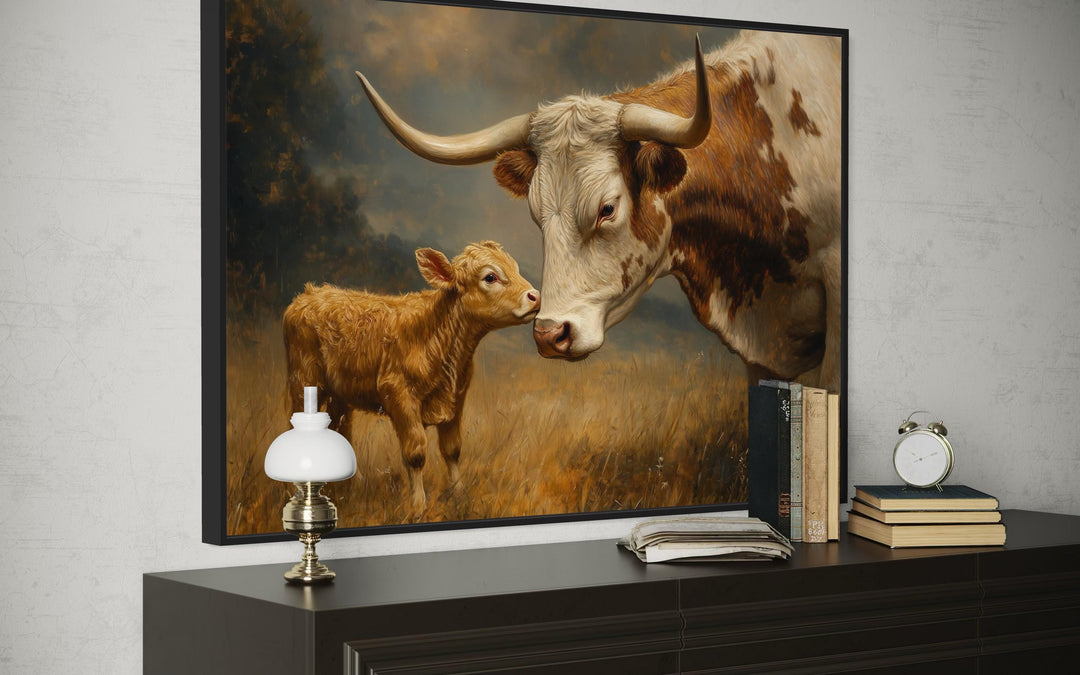 Mama Longhorn Cow And Calf Canvas Wall Art