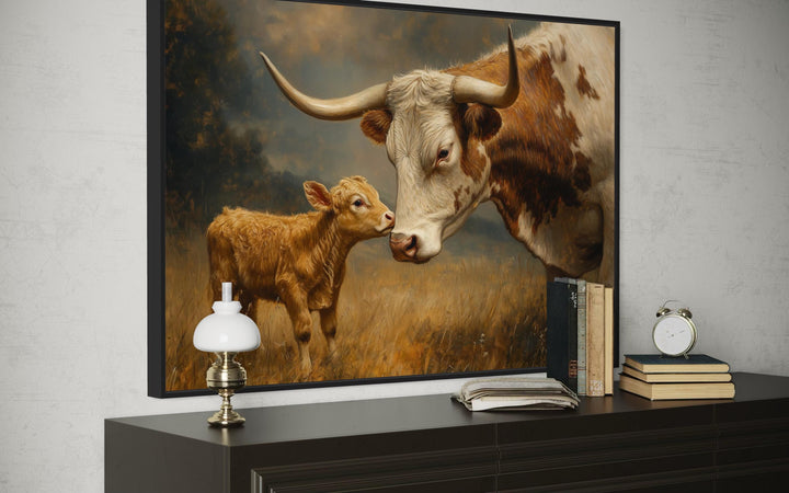 Mama Longhorn Cow And Calf Canvas Wall Art
