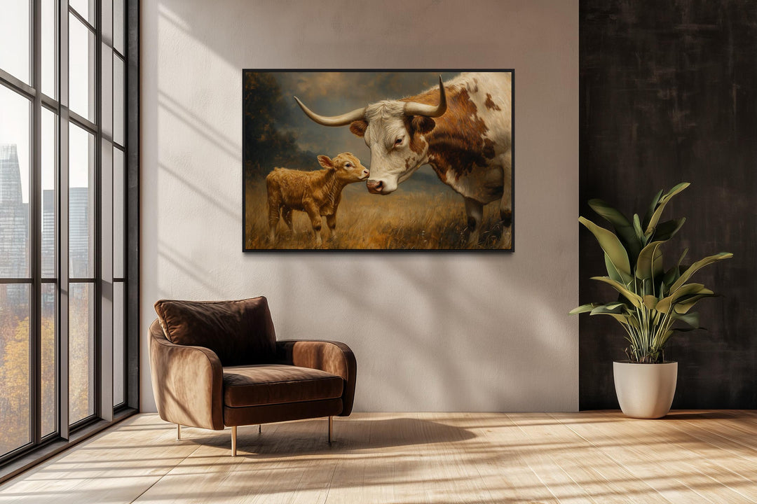 Mama Longhorn Cow And Calf Canvas Wall Art