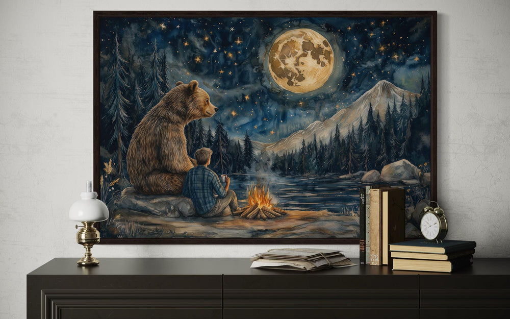 Man and Bear by Campfire Under Moonlight Camping Wall Art