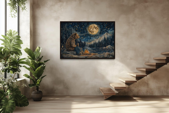 Man and Bear by Campfire Under Moonlight Camping Wall Art