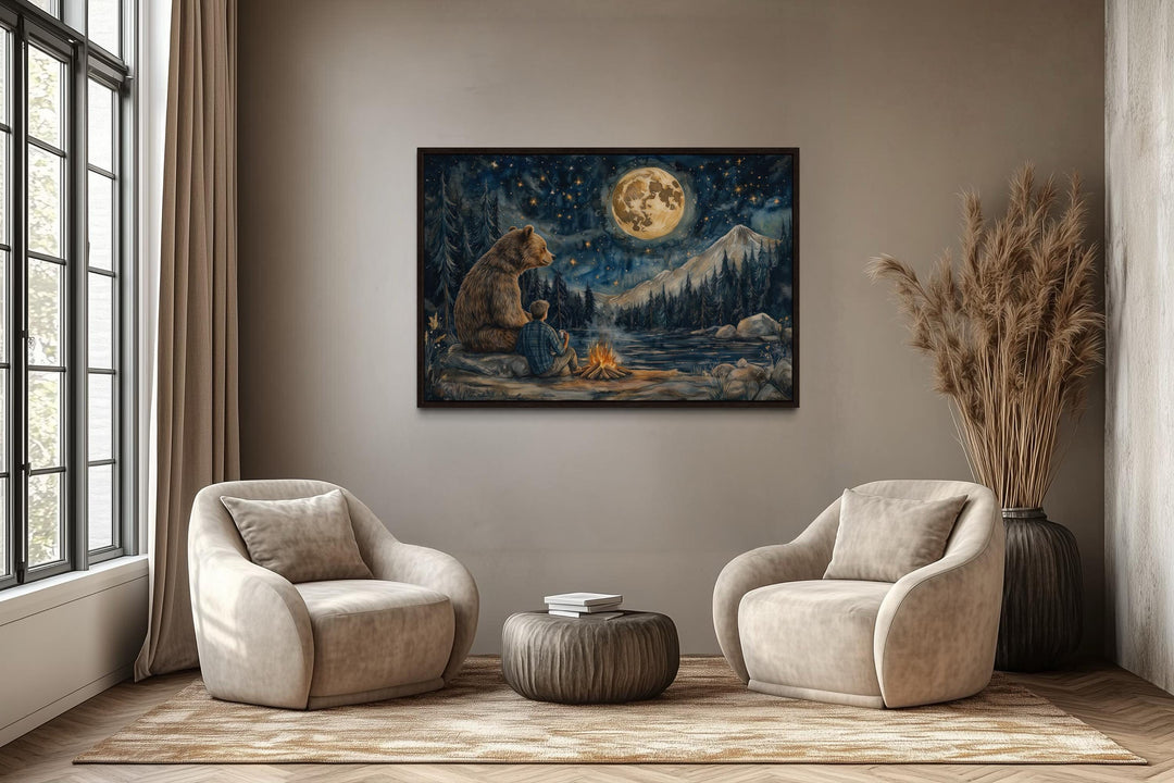 Man and Bear by Campfire Under Moonlight Camping Wall Art