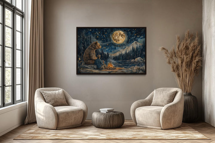 Man and Bear by Campfire Under Moonlight Camping Wall Art