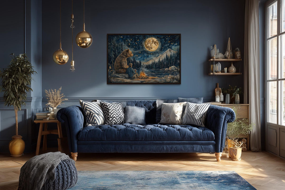 Man and Bear by Campfire Under Moonlight Camping Wall Art