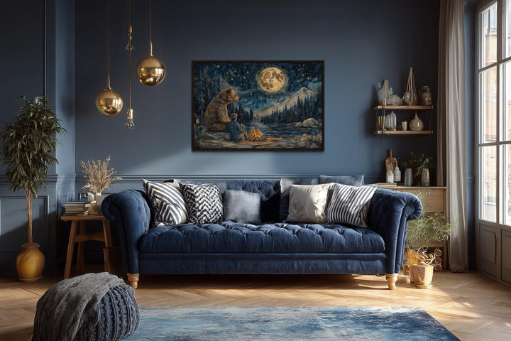 Man and Bear by Campfire Under Moonlight Camping Wall Art