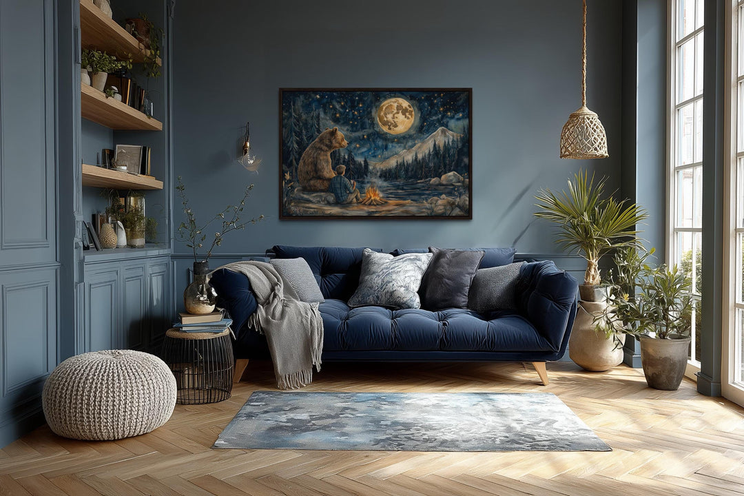 Man and Bear by Campfire Under Moonlight Camping Wall Art
