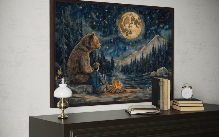 Man and Bear by Campfire Under Moonlight Camping Wall Art