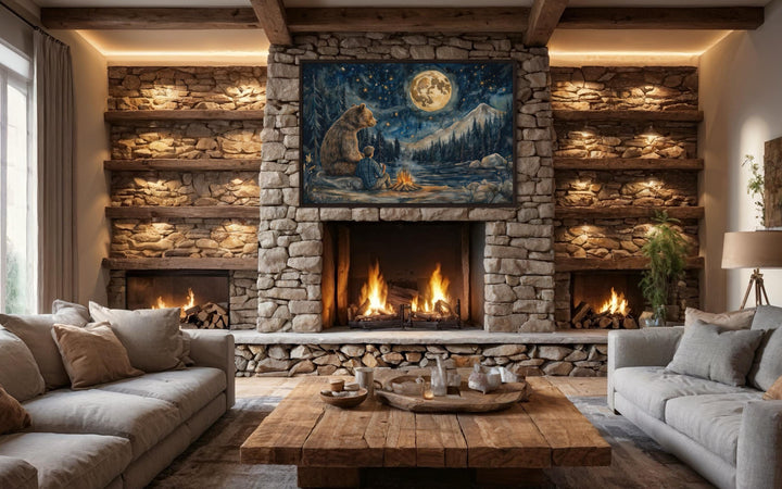Man and Bear by Campfire Under Moonlight Camping Wall Art