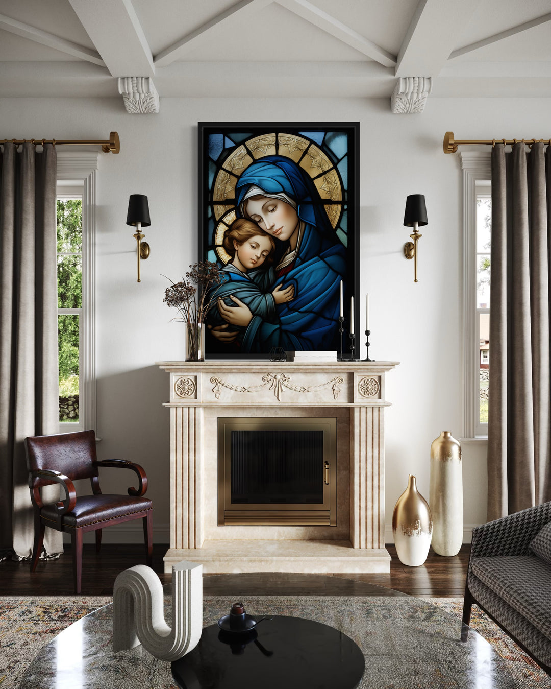 Maria With Baby Jesus Stained Glass Style Framed Canvas Wall Art