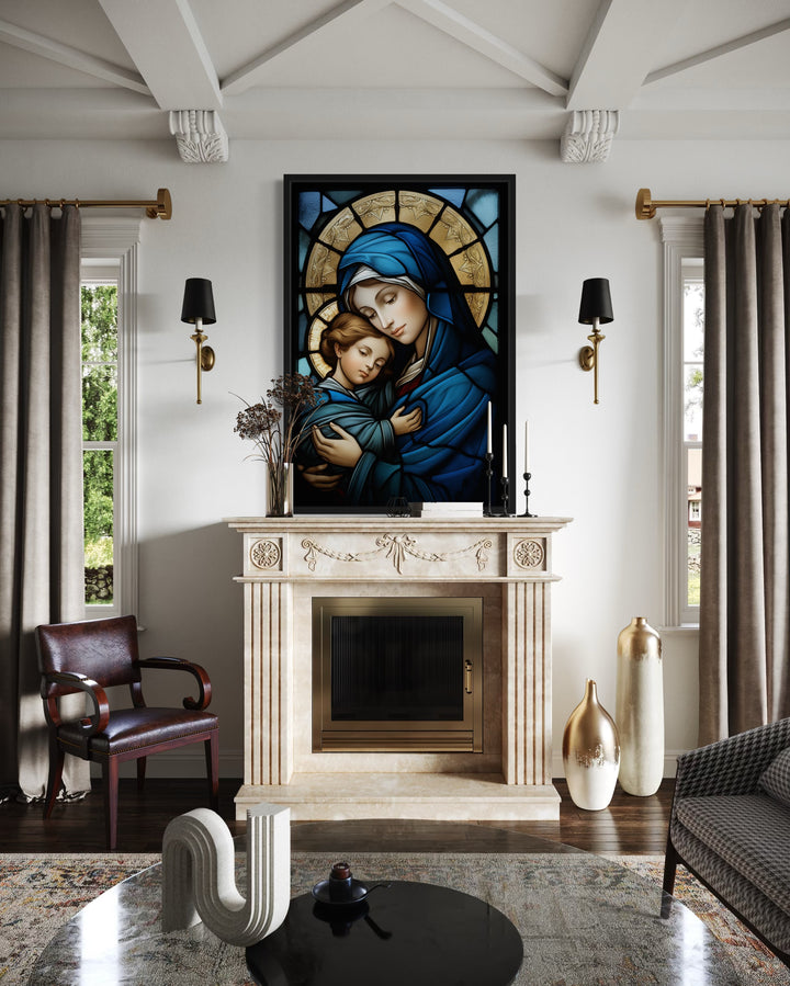 Maria With Baby Jesus Stained Glass Style Framed Canvas Wall Art