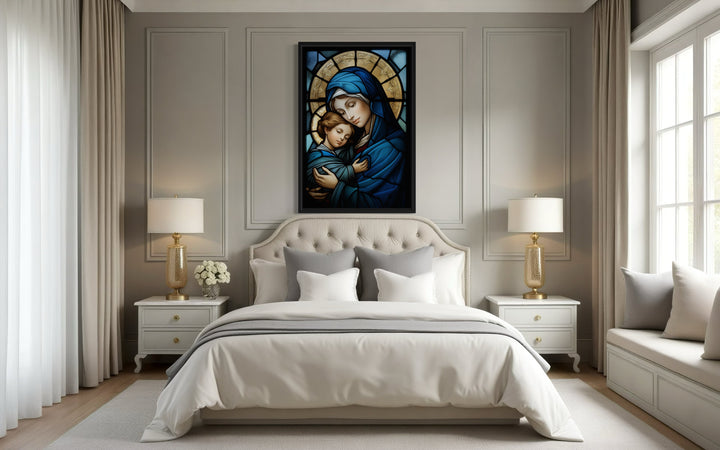 Maria With Baby Jesus Stained Glass Style Framed Canvas Wall Art