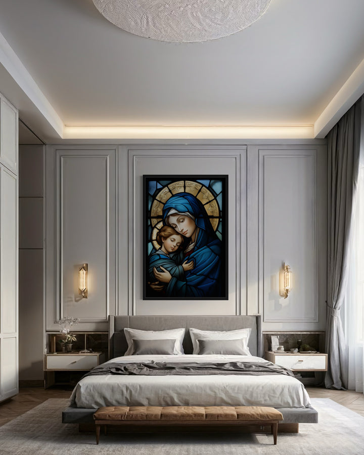 Maria With Baby Jesus Stained Glass Style Framed Canvas Wall Art
