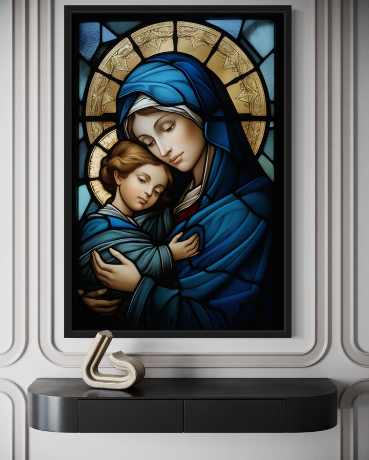 Maria With Baby Jesus Stained Glass Style Framed Canvas Wall Art