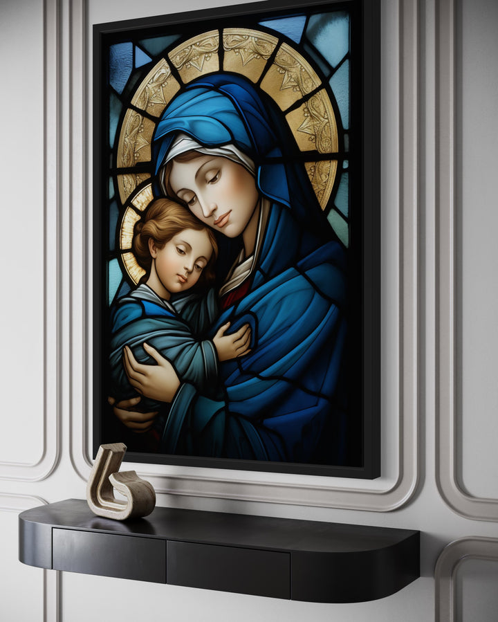 Maria With Baby Jesus Stained Glass Style Framed Canvas Wall Art